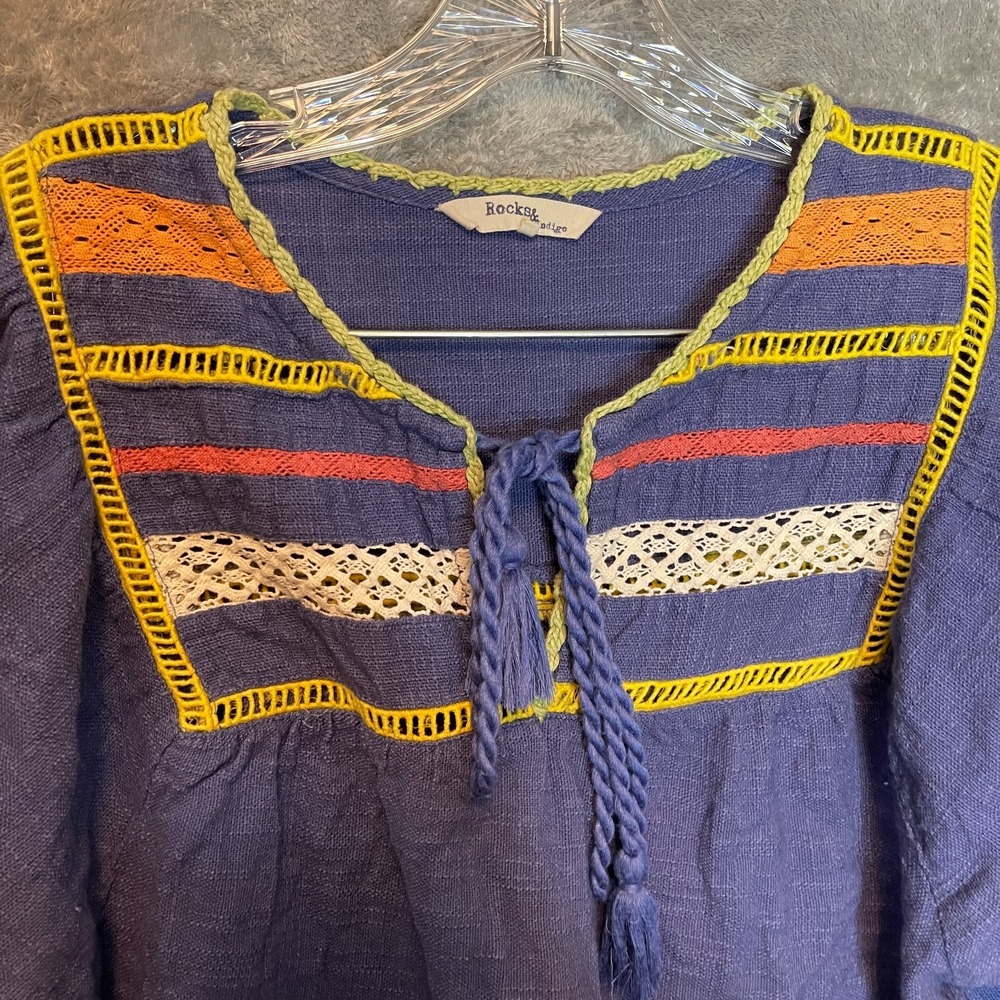 Rocks Indigo Women Boho Peasant Top M Festival Boxy Cropped Tasseled Fringe - Picture 5 of 12